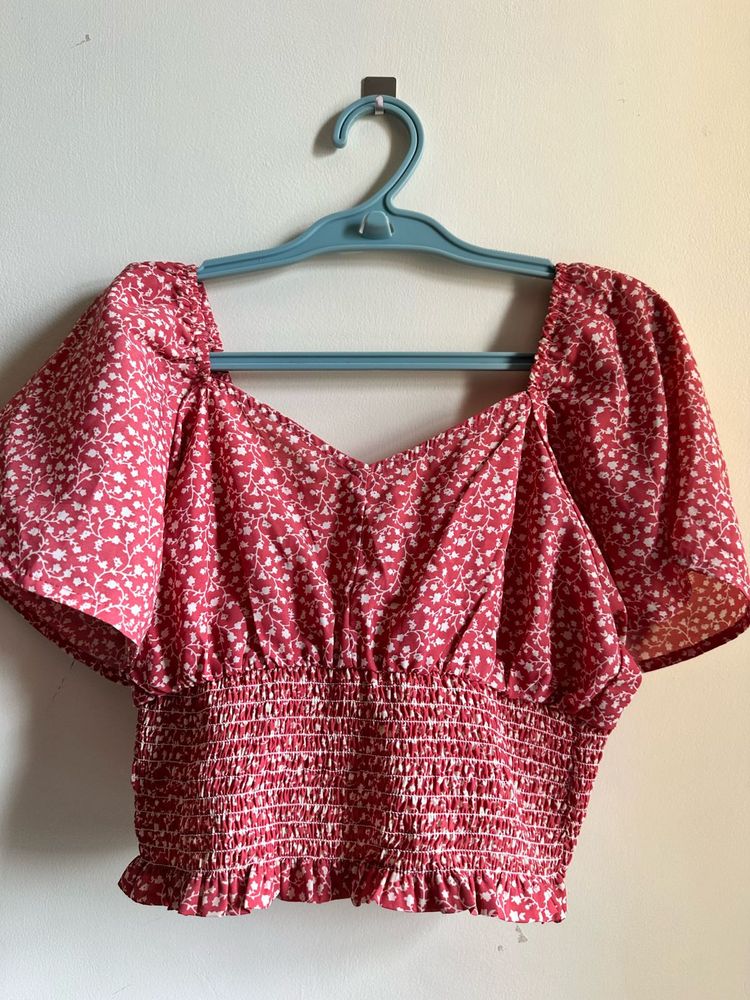 Pink  Floral Puff Sleeve smocked Crop Top