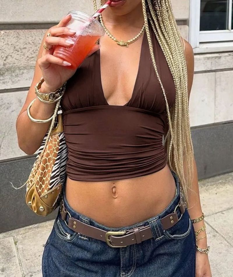 Y2K Halter Backless Brown Top