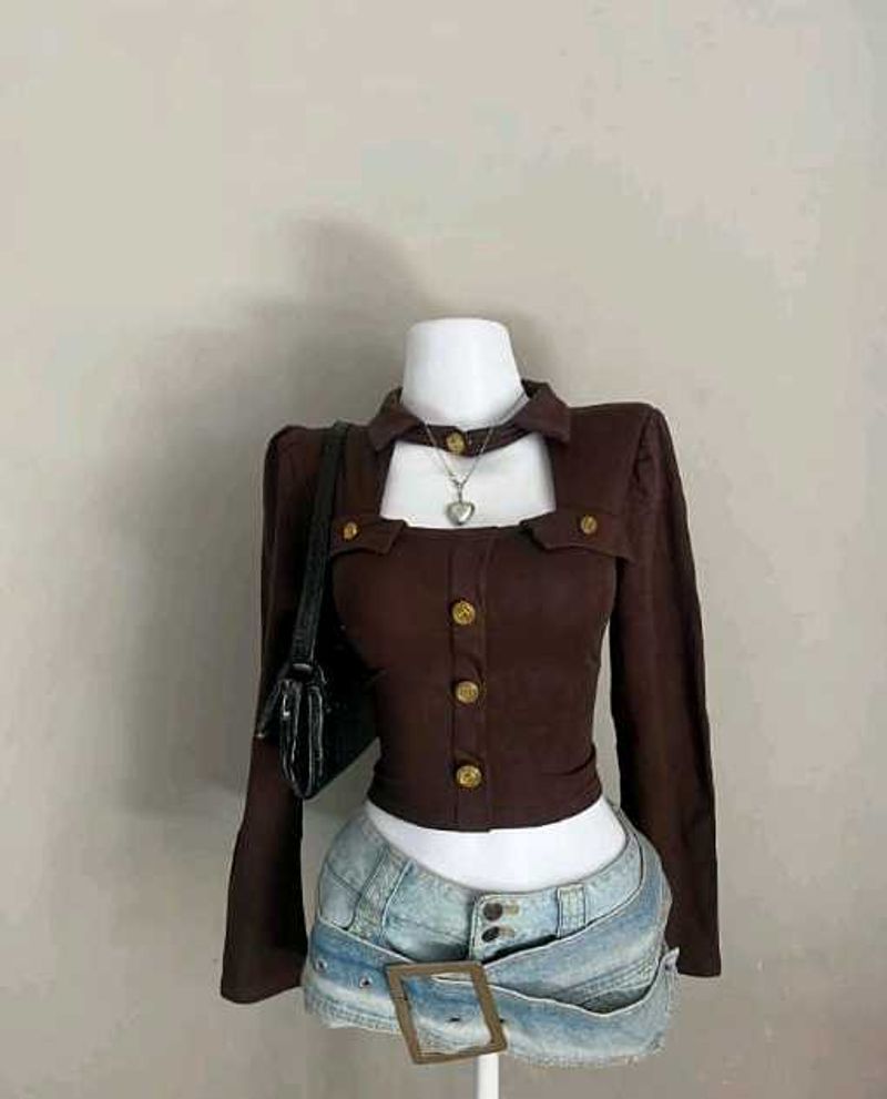 Brown Long Sleeve Crop Top
