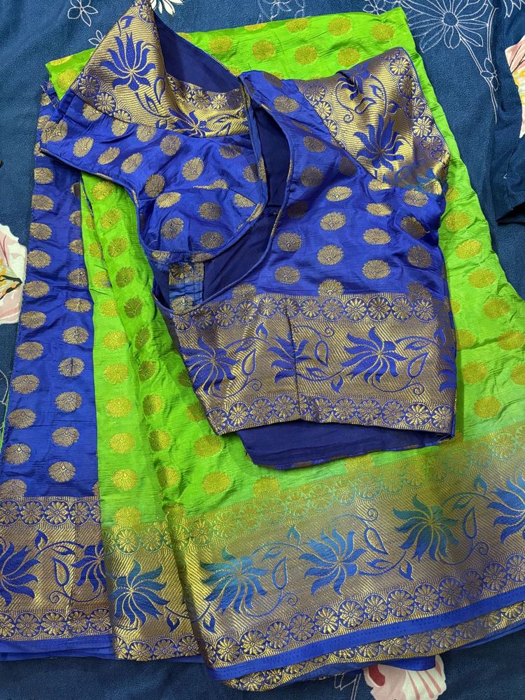 Green &amp; Blue Saree (with Stitched Blouse)
