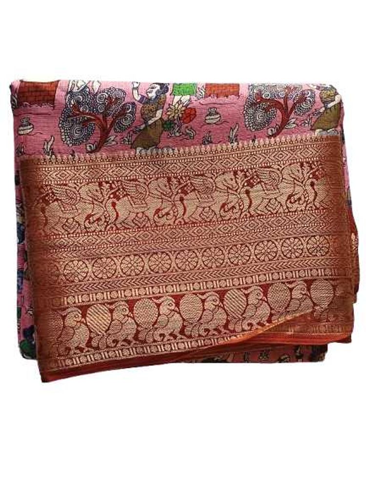 Elegant Kota Silk Pink Printed Saree with rich zar