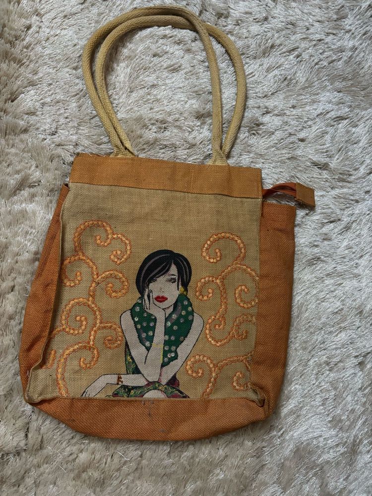 Hand Painted Girl- Embroidered Jute Tote