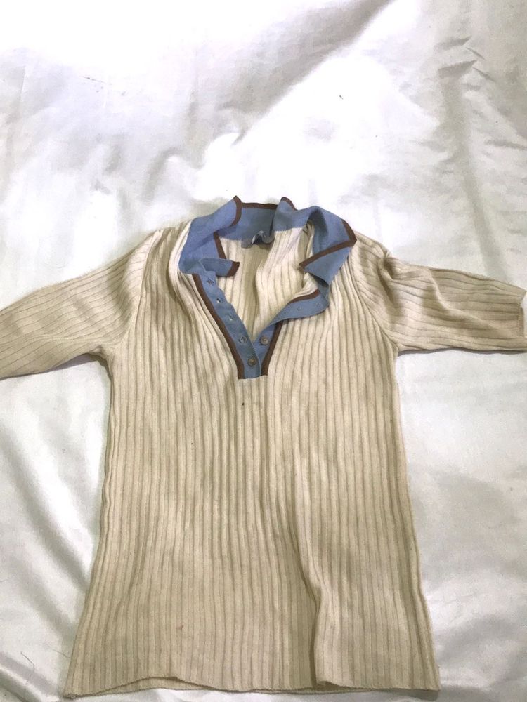 Ribbed Knit Top - Unique Collar Detail