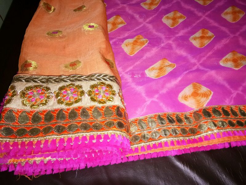 Pink Orange Embroidered Saree