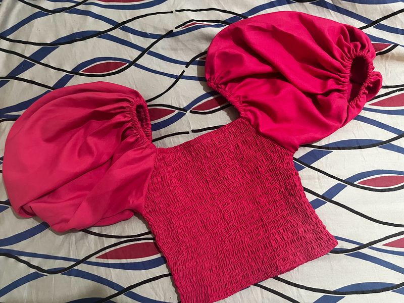 Hot Pink Puff Sleeve Crop Top