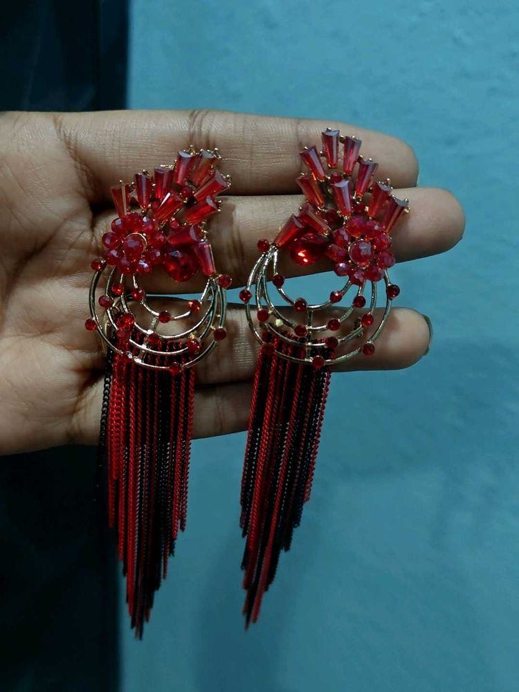 Red And Black Long Chain Earrings