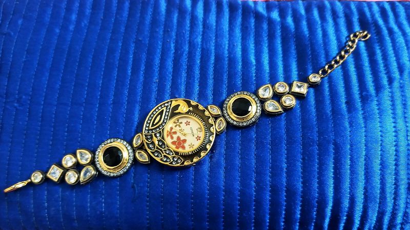 Classy Black And Golden Watch With Studded Stones