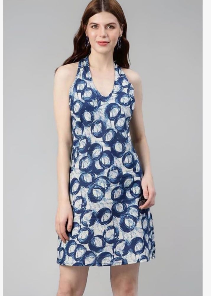 Cotton Blue A-line Knee Length Dress