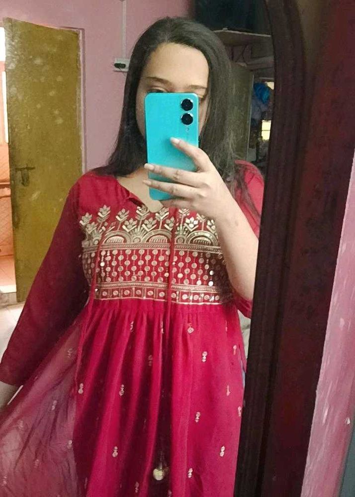 Red Embroidered Kurta Set