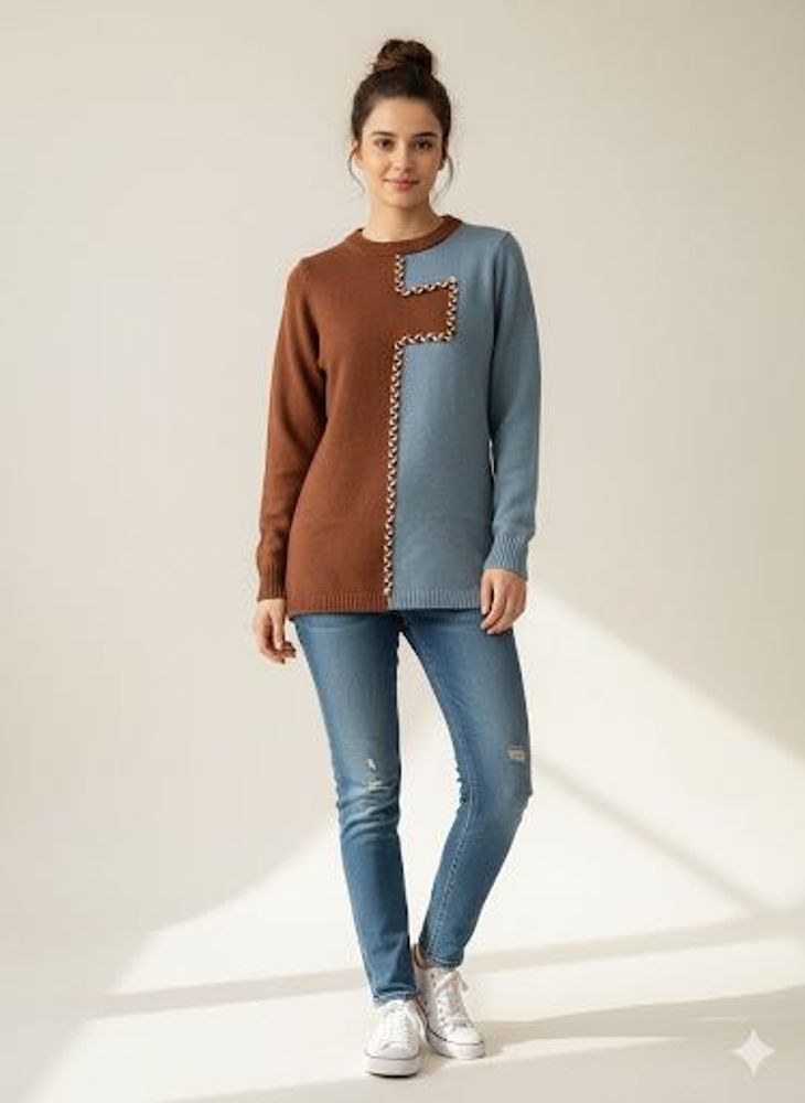 Two-Tone Knit Pullover Sweater