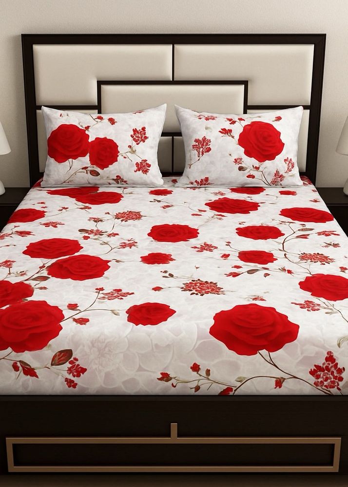 Vibrant Red Rose Floral Queen Bedsheet Set