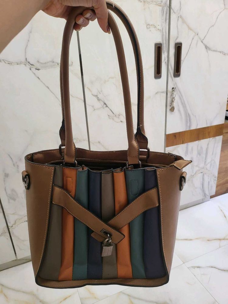 Striped Tote Bag with Lock Pattern