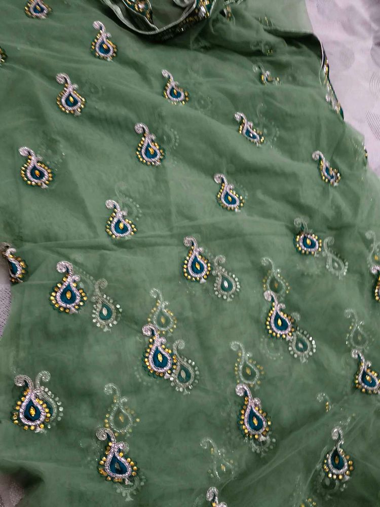 Heavy Party Wear With Stone Work Green Net Saree