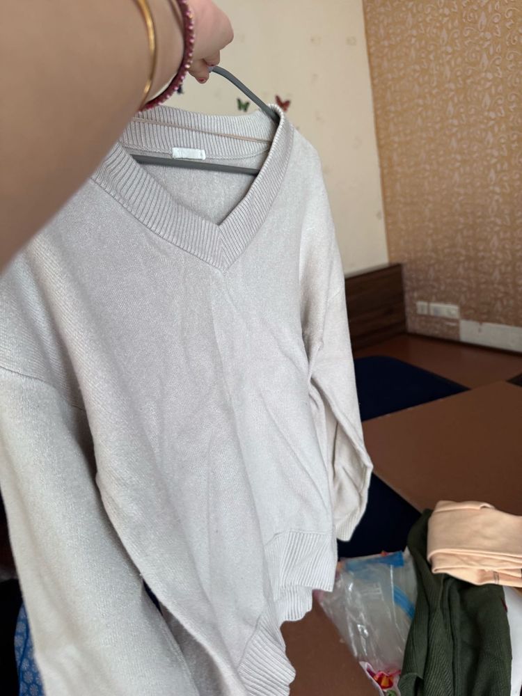 Beige V-Neck Knit Sweater