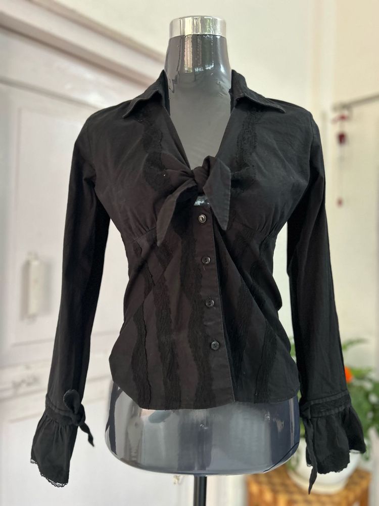 Black Tie-Front Blouse