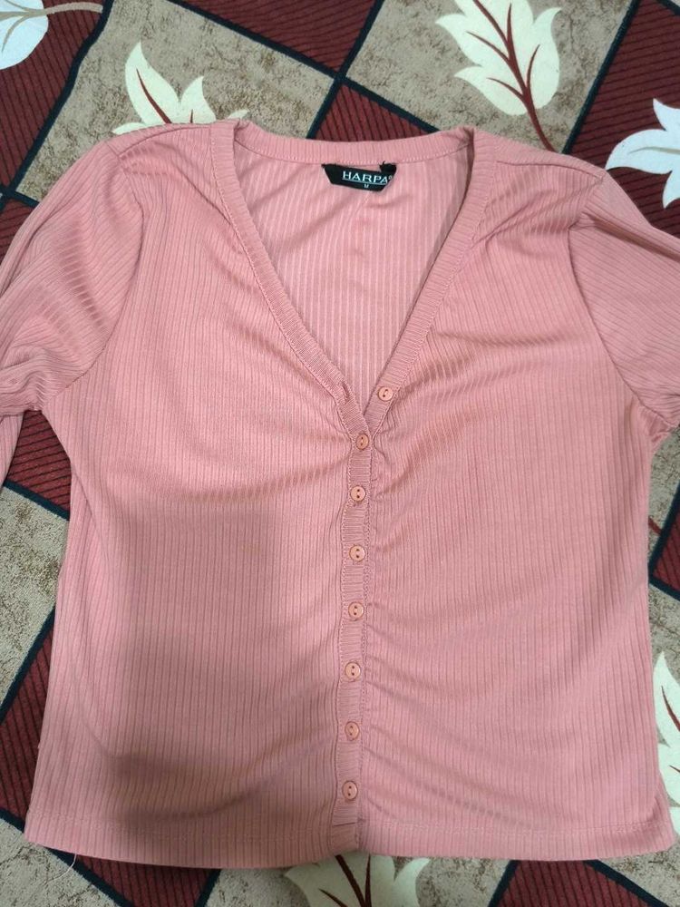 Pink Harpa Ribbed Button-Down Top