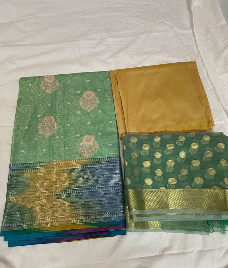 Banarasi Green Suit With Multicolour Border