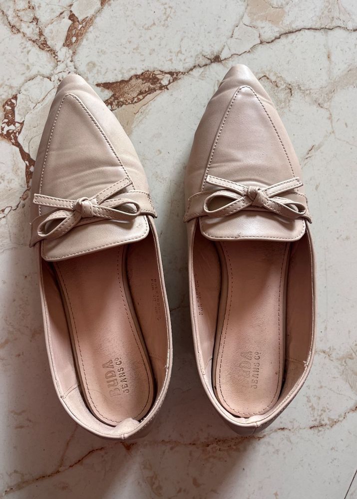 Beige Loafers with Bow Detail