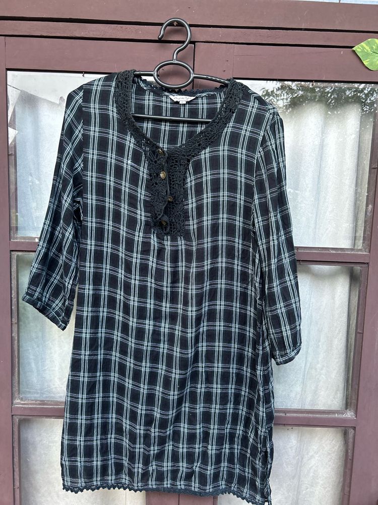 Plaid Tunic Top with Crochet Details