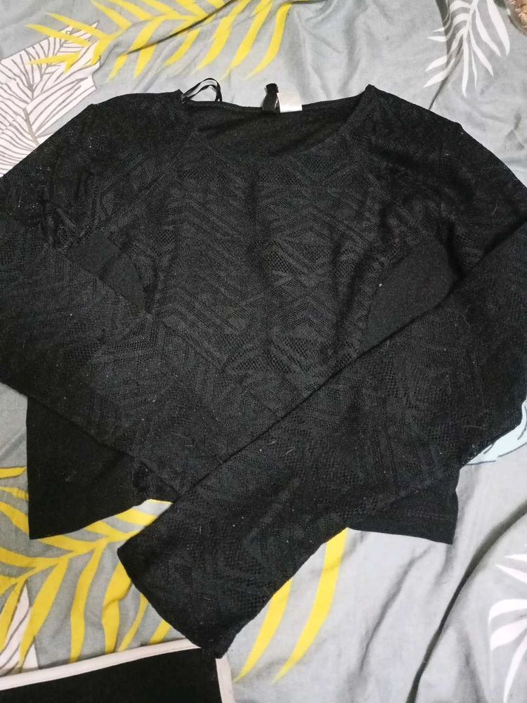 Black Textured Long Sleeve Top