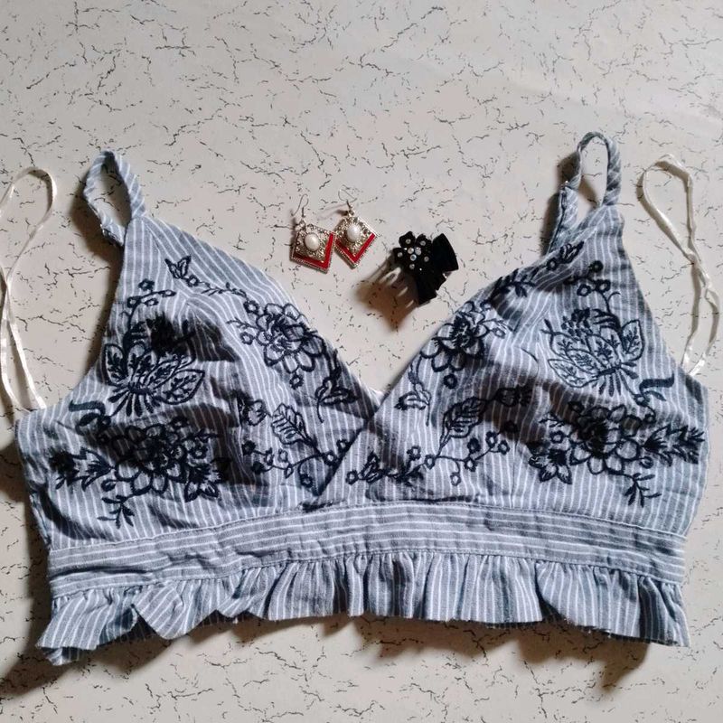 Striped Floral Embroidered Bralette