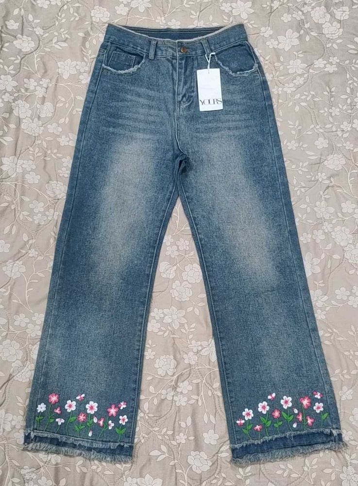 Floral Embroidered Wide Leg Jeans