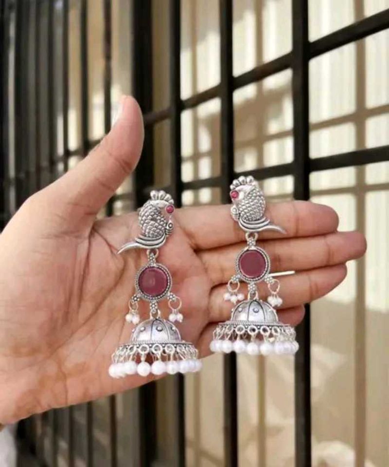 Antique Oxidised Pink Stone Peacock Jhumka Earring