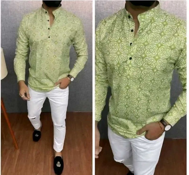 Green Printed Kurta Shirt For Men