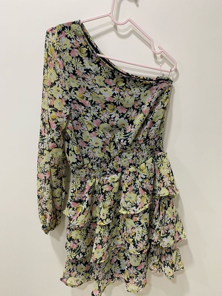 Floral One-Shoulder Ruffle Mini Dress