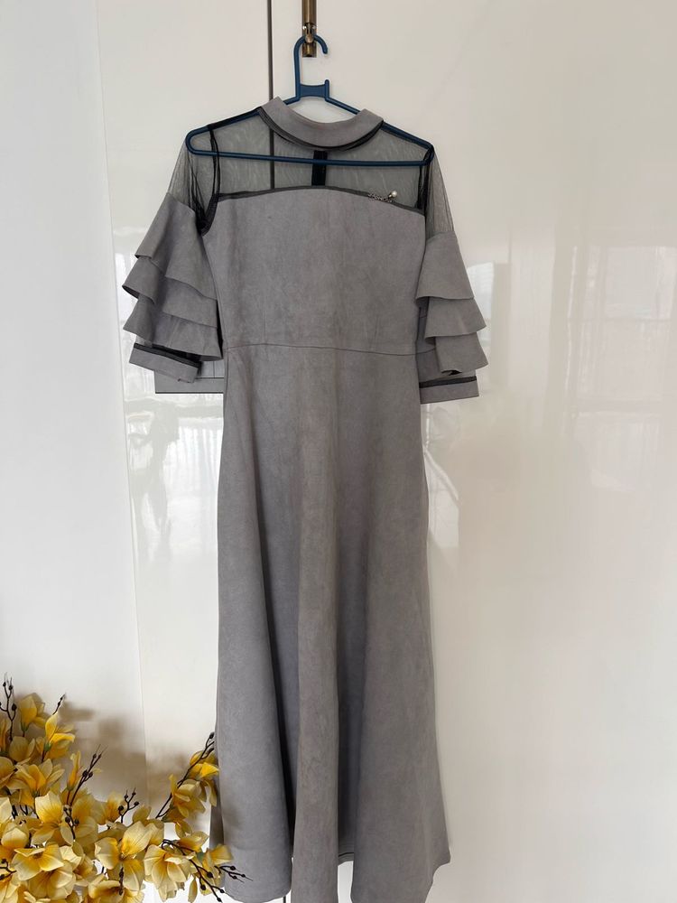 Gray Ruffle Sleeve Party Dress