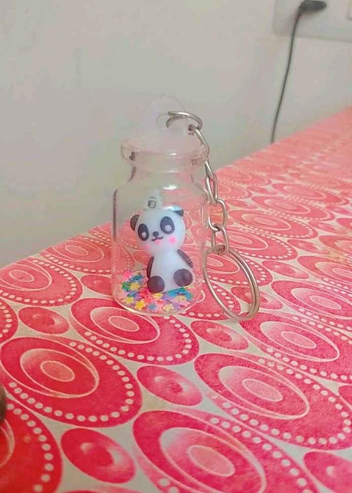 Panda Glass Bottle Keychain With Star Glitters