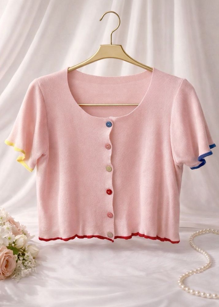 Pastel Pink Knit Crop Cardigan with Colorful Butto