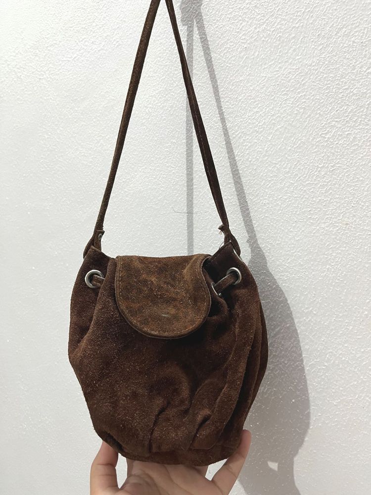 Brown Real Leather Suede Sling Bag