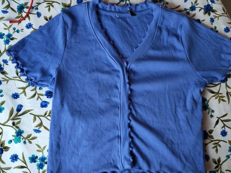 Blue Ribbed V-Neck Crop Top