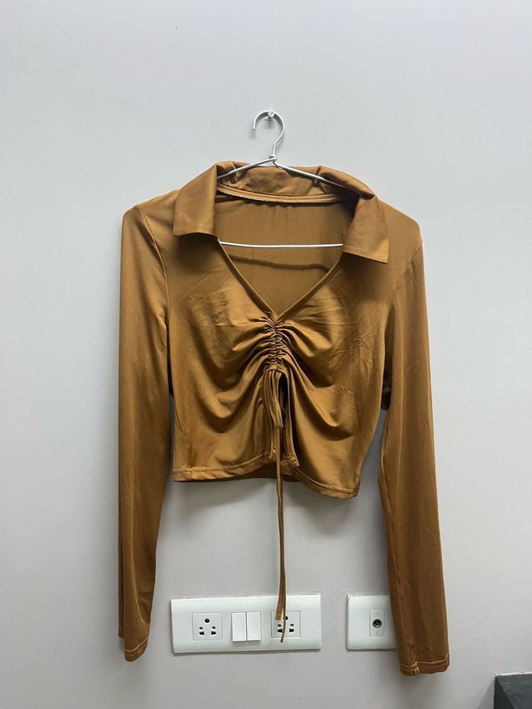 Brown Drawstring Crop Top