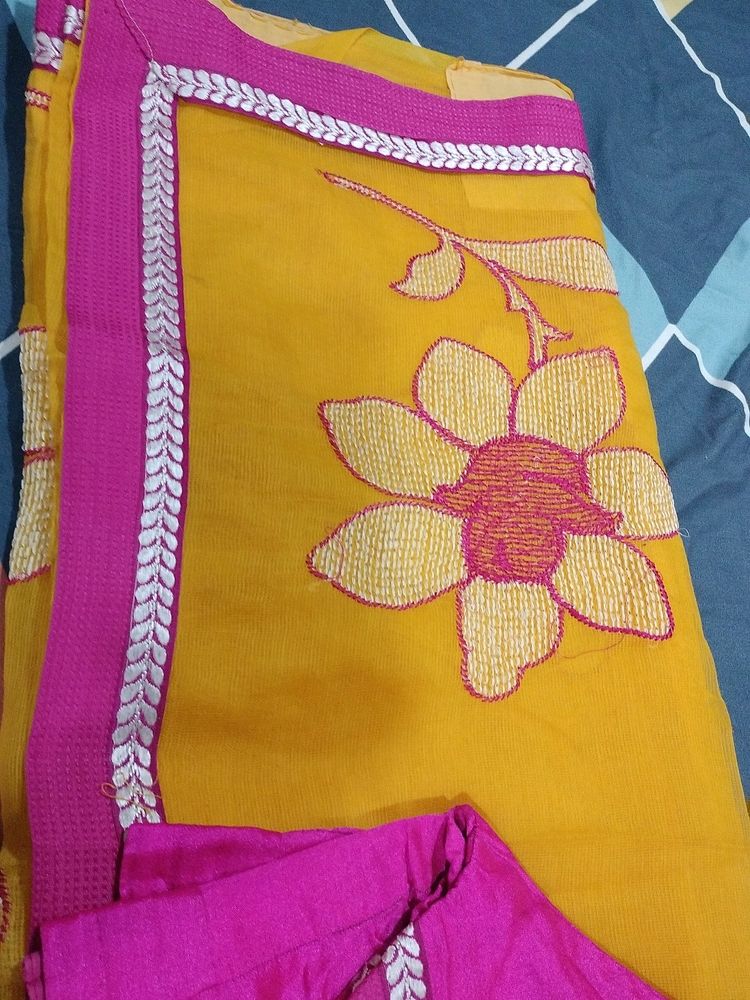 Yellow Pink Saree With Blouse