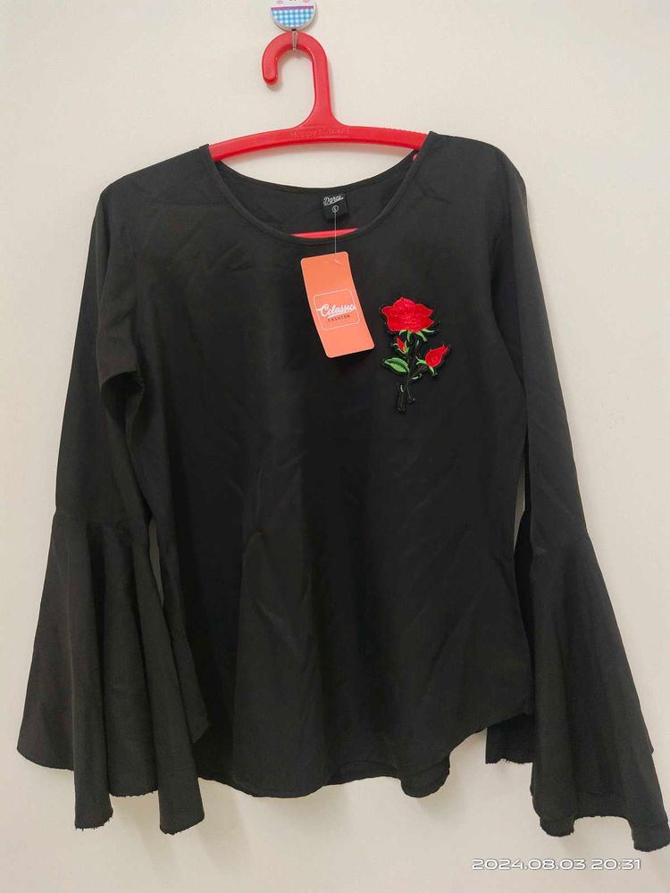 Elegant Black Rose Top - L - 38 Bust