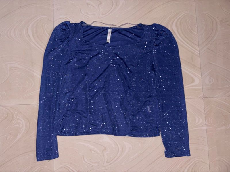 Glitter Navy Blue Party Top Full Sleeve Fitted