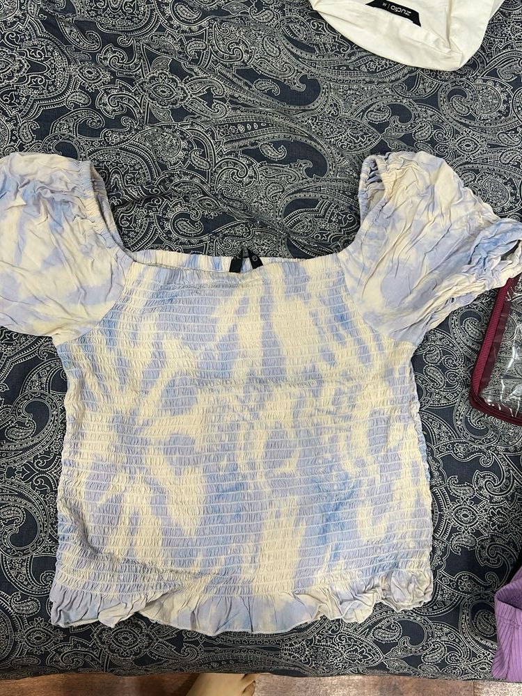 Blue Tie-Dye Smocked Top