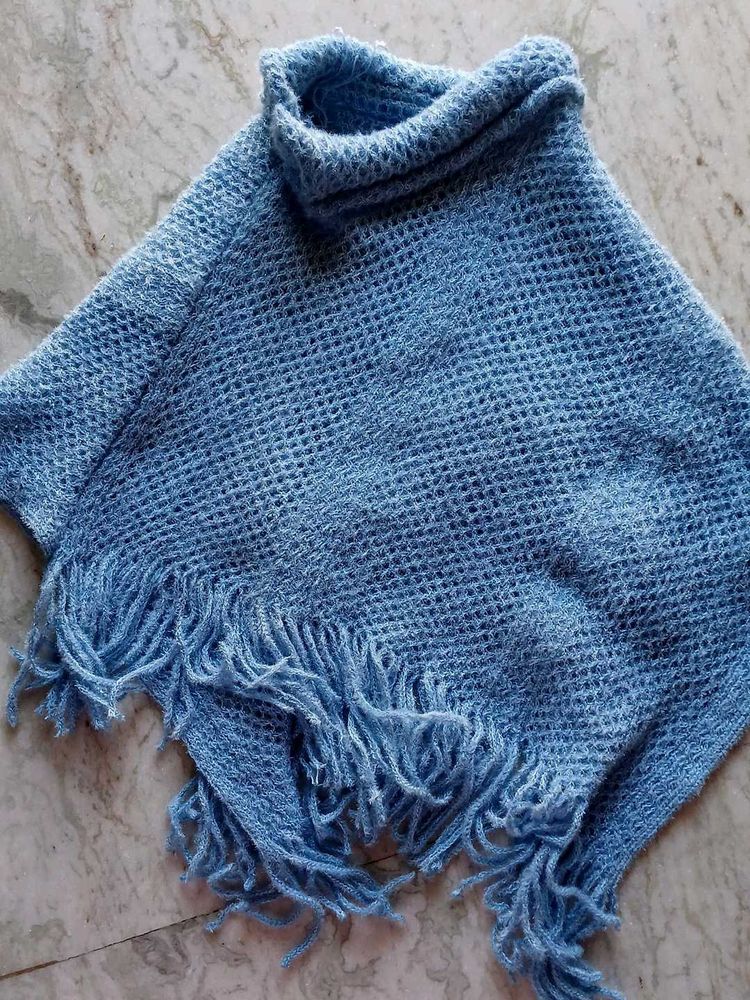 Blue Knitted Poncho with Fringe