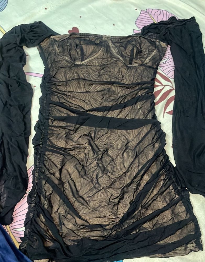 Black Mesh Long Sleeve Dress