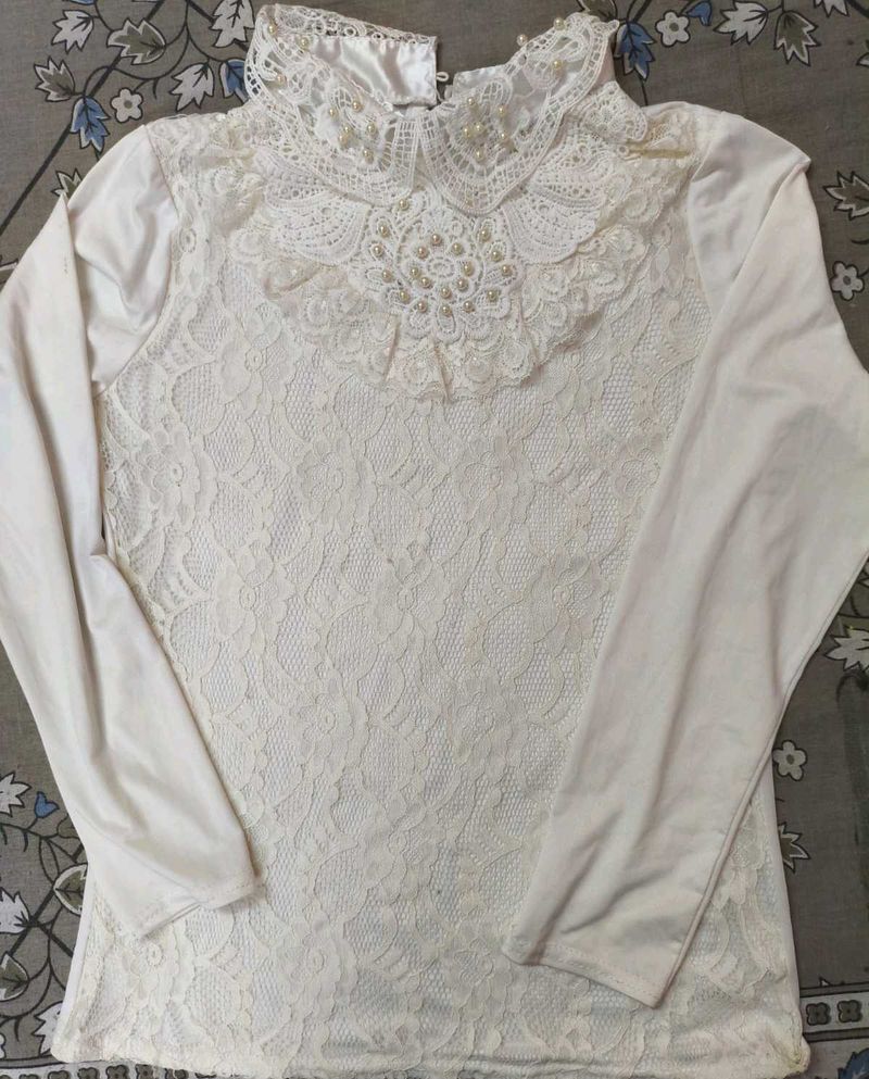Elegant Pearl &amp; Lace Blouse