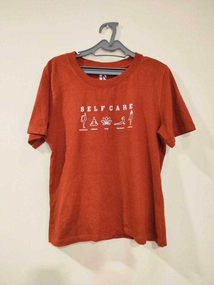 Maroon Tshirt With &#39;Self-Care&#39; Print