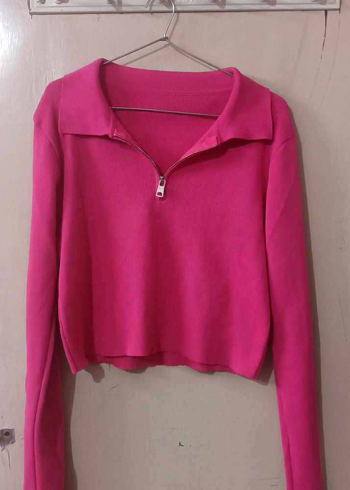 Pink Half-Zip Crop Top