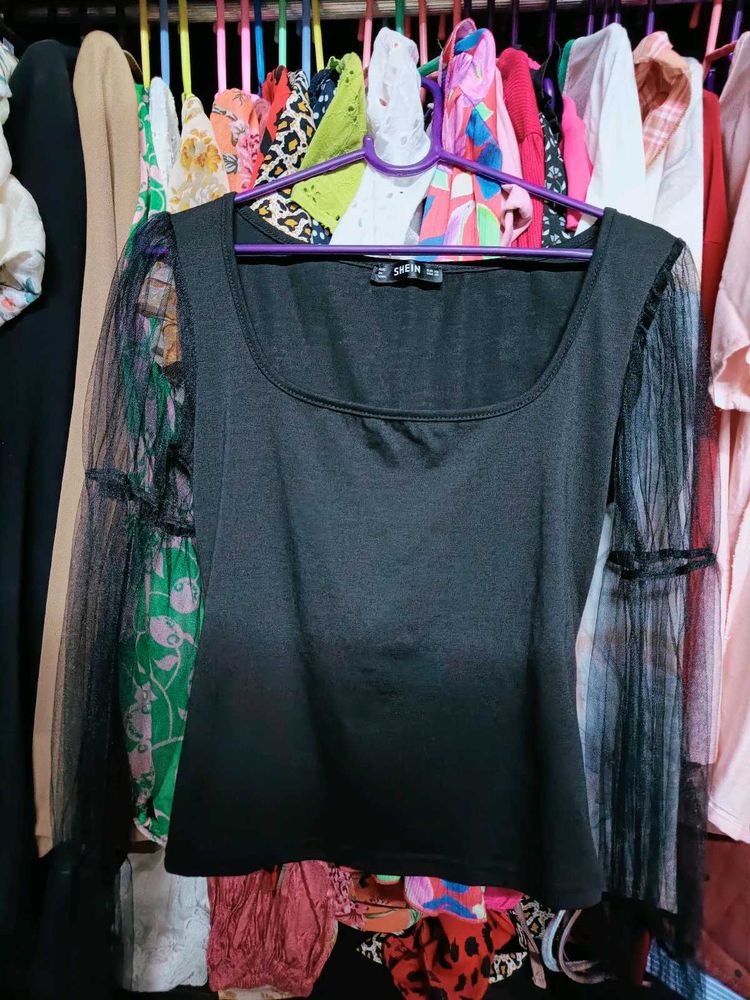 Shein Black Mesh Sleeve Top