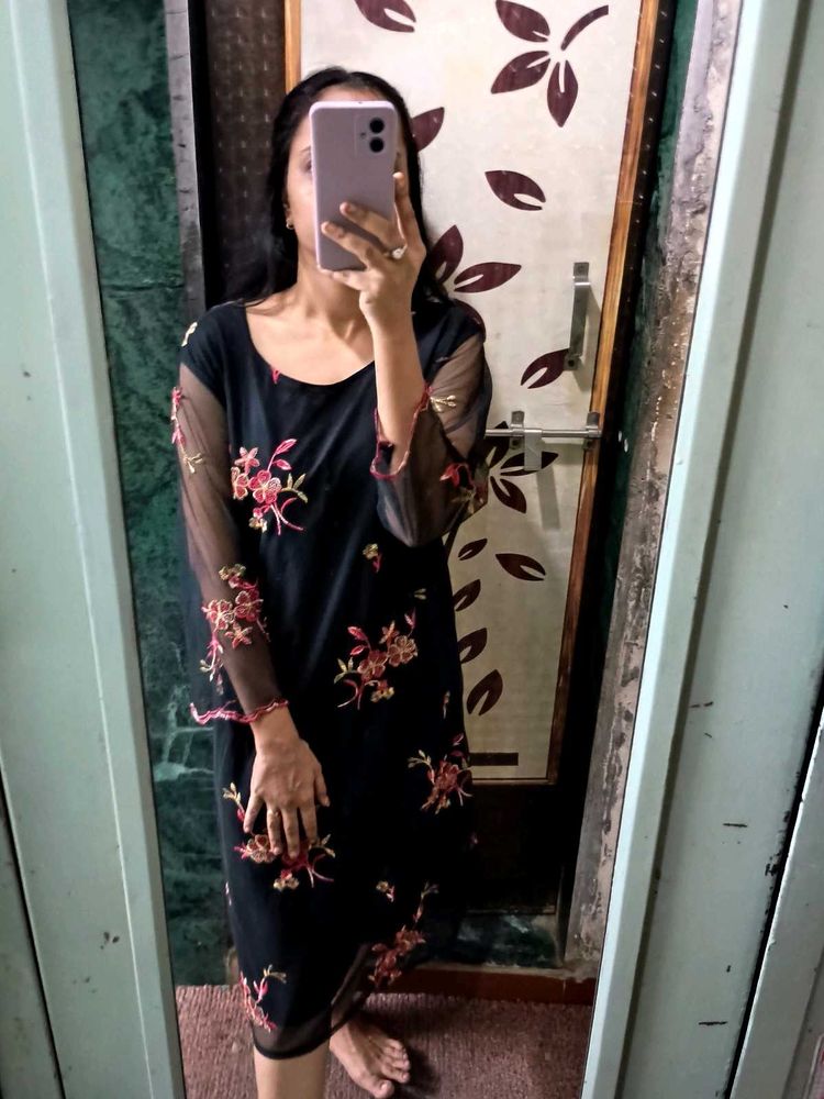 Embroidered Sheer Sleeve Dress