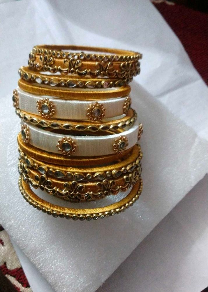 White And Gold Thread Bangles