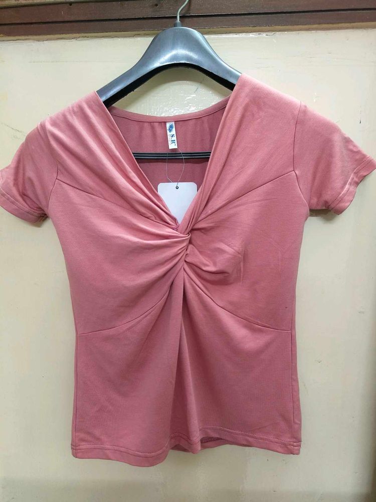 Rose Pink Twist Front Fitted T-Shirt