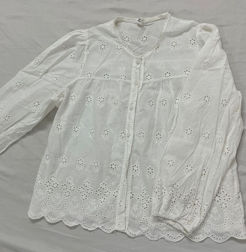 White Eyelet Button-Down Top