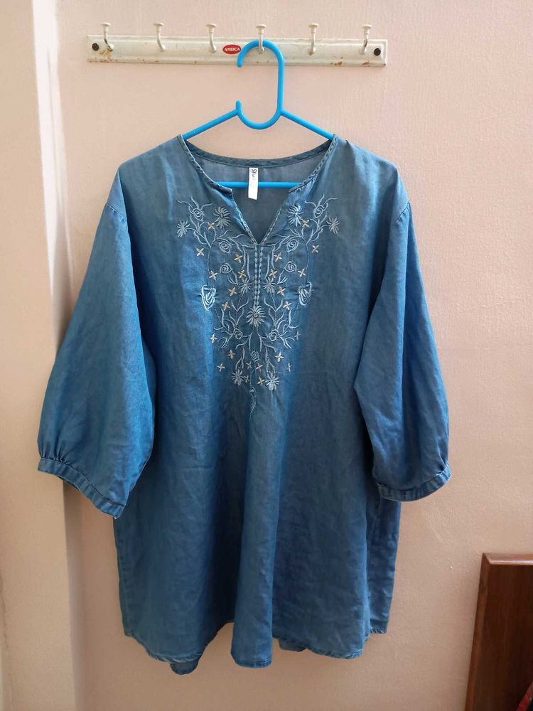 Embroidered Blue Denim Tunic Top